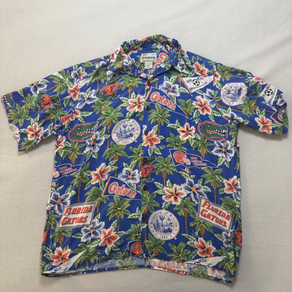 Reyn Spooner Florida Gators Hawaiian Shirt Mens Medium Blue Rayon Tropical NCAA